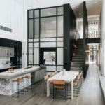 Perspective view of black-stained timber flooring.